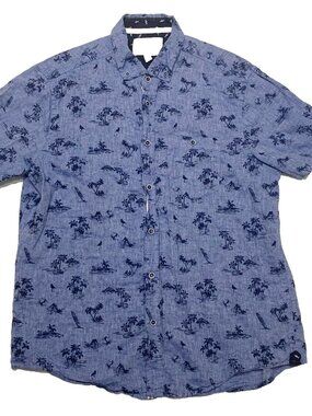 International Report Linen Blend Shirt Men's L Blue Palm Trees Sharks Hawaiian